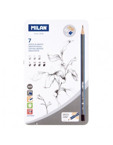 Milan Pack de 7 Lapices-1 Sacapuntas-1 Gomas de Caucho-1 Goma de Miga de Pan - Grado de Durezas Surtidas - Caja