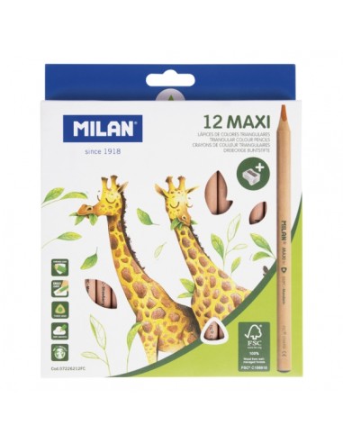 Milan Maxi Pack de 12 Lapices de Colores - Madera Certificada FSC - Incluye Sacapuntas - Triangulares - Colores Surtidos