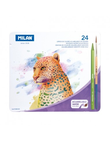 Milan Pack de 24 Lapices de Colores Acuarelables - Caja Metalica - Todo Mina - Incluye Pincel - Colores Surtidos