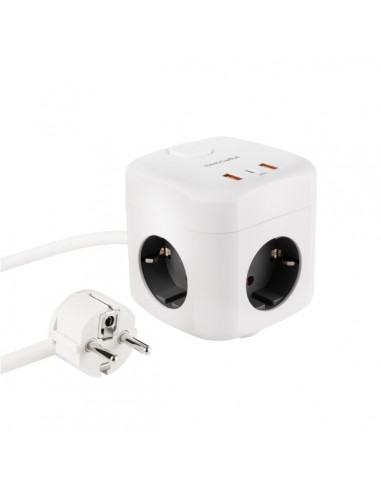 Nanocable Base de 3 Enchufes Schuko-2x USB-A y 1x USB-C con Interruptor - Tecnologia GaN-PPS y PD 20W - Cable de 1.40m -