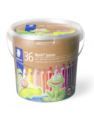 Staedtler Noris Junior Bote con 36 Lapices de Colores Extragruesos-3 Sacapuntas-Pincel - 3 en 1-Lapiz-Cera y