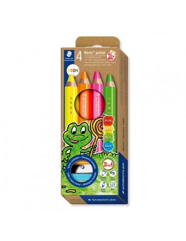 Staedtler Noris Junior Pack de 4 Lapices de Colores Extragruesos-Sacapuntas - 3 en 1-Lapiz-Cera y Acuarelable - Colores