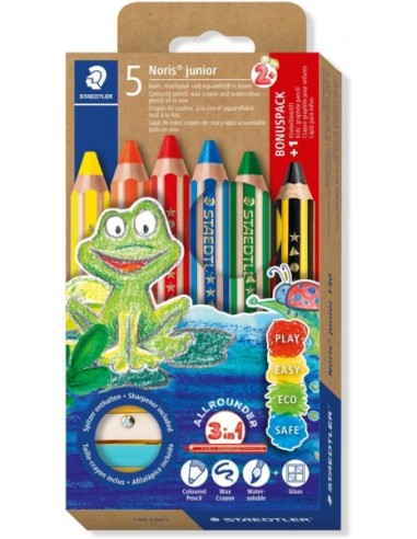 Staedtler Noris Junior Pack de 5 Lapices de Colores Extragruesos-Sacapuntas - 3 en 1-Lapiz-Cera y Acuarelable - Colores