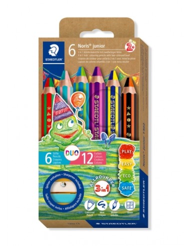 Staedtler Noris Junior Pack de 6 Lapices de Colores Extragruesos Duo-Sacapuntas - 3 en 1-Lapiz-Cera y Acuarelable - 2