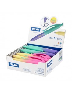 Milan Mini P1 Sunset Expositor con 24 Boligrafos de Bola Retractiles - Punta Redonda 1mm - Tinta Azul - Colores Surtidos