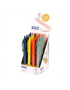 Milan P1 Lava Expositor con 20 Boligrafos de Bola Retractiles - Punta Redonda 1mm - Tinta Azul - Colores Surtidos