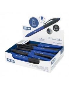 Milan P1 Stylus Expositor con 25 Boligrafos de Bola Retractiles - Tinta Azul - Punta Redonda 1mm - Color Azul