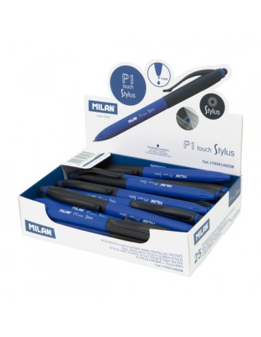 Milan P1 Stylus Expositor con 25 Boligrafos de Bola Retractiles - Tinta Azul - Punta Redonda 1mm - Color Azul