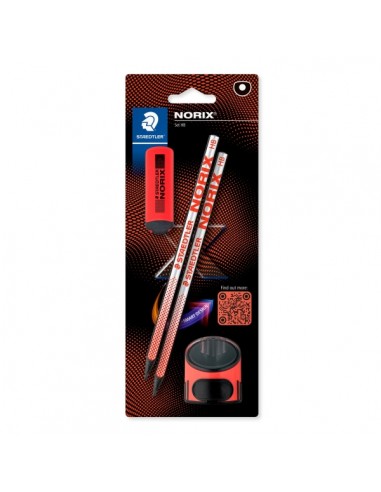 Staedtler Norix Pack de 2 Lapices de Grafito HB-Borrador-Sacapuntas - Madera Negra - DiseÃ±o Inteligente