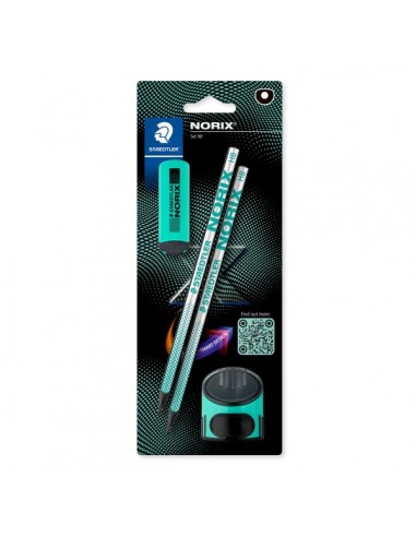 Staedtler Norix Pack de 2 Lapices de Grafito HB-Borrador-Sacapuntas - Madera Negra - DiseÃ±o Inteligente