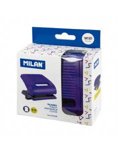 Milan Acid Taladro Perforador - Incluye Guia de Plastico - hasta 15 Hojas - Bloqueo de Seguridad - Facil Vaciado - Color Azul