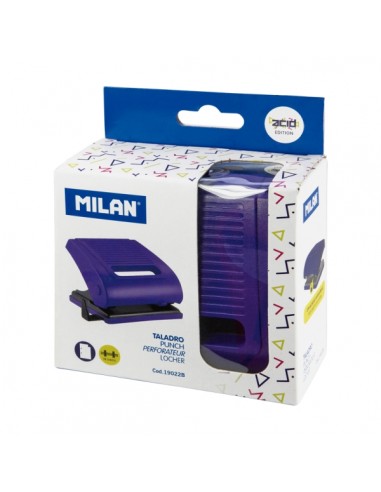 Milan Acid Taladro Perforador - Incluye Guia de Plastico - hasta 15 Hojas - Bloqueo de Seguridad - Facil Vaciado - Color Azul