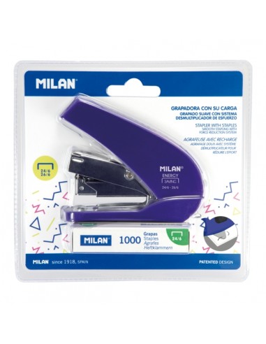 Milan Acid Energy Saving Grapadora Compacta - 1000 Grapas Incluidas - hasta 20 Hojas - Grapas 24 6 y 26 6 - Color Azul