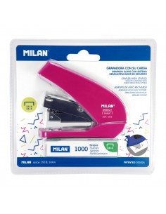 Milan Acid Energy Saving Grapadora Compacta - 1000 Grapas Incluidas - hasta 20 Hojas - Grapas 24 6 y 26 6 - Color Rosa