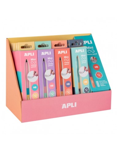 Apli Mini Infinite Pencil Expositor con 20 Packs de Mini Lapices Infinitos HB-Mina de Recambio-Tapon Protector - Para