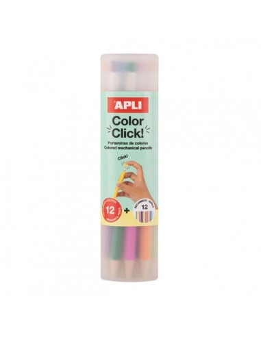Apli Color Clik Pack de 12 Portaminas con Minas de Colores 2.6mm-12 Recambios-1 Sacapuntas - Forma Redonda - Colores