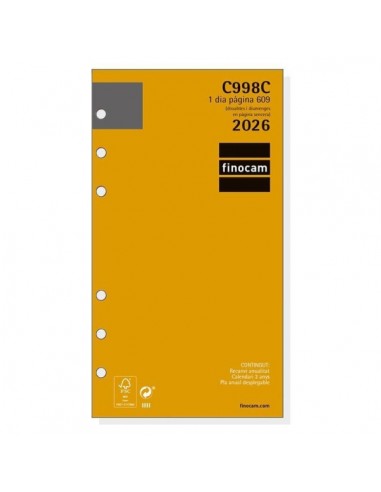 Finocam C998C Recambio para Agendas Classic en Catalan - Anual 2026 - Esquinas Microperforadas - Formato 609 - 94x18x171mm -