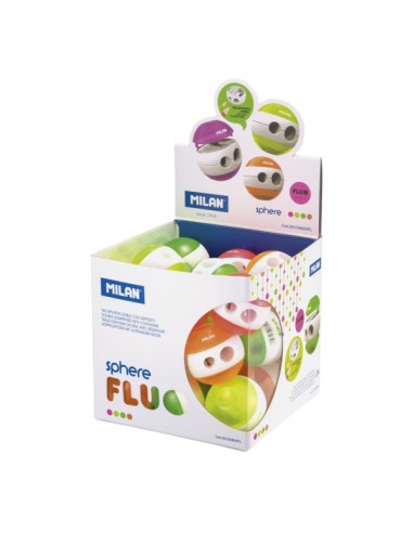 Milan Sphere Fluo Expositor con 24 Sacapuntas Doble - Regular y Maxi - Deposito Integrado - Cuchilla de Acero de Seguridad -