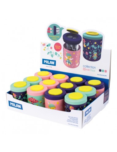 Milan Fairy Tale Expositor con 12 Sacapuntas Doble - Regular y Maxi - Deposito Integrado - Cuchilla de Acero de Seguridad -