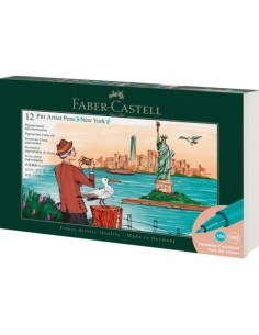Faber-Castell Pitt Artist Pen Brush City Collection New York Estuche con 12 Rotuladores Punta Pincel - Tinta Pigmentada -