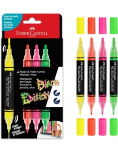 Faber-Castell Shake & Paint Black Edition Pack de 4 Rotuladores Acrilicos Doble Punta - Puntas Redondas de 1mm y 3mm - Tinta