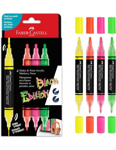 Faber-Castell Shake & Paint Black Edition Pack de 4 Rotuladores Acrilicos Doble Punta - Puntas Redondas de 1mm y 3mm - Tinta