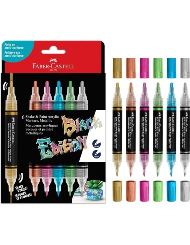 Faber-Castell Shake & Paint Black Edition Pack de 6 Rotuladores Acrilicos Doble Punta - Puntas Redondas de 1mm y 3mm - Tinta