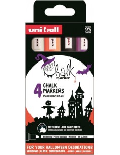 Uni-ball Chalk Colores Halloween Pack de 4 Marcadores de Tiza Liquida - Punta Conica 1.8-2.5mm - Borrado en Humedo -