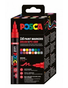 Posca PC-5BR Caja con 16 Marcadores de Pintura - Punta Brush 1-4mm - Tinta Base al Agua - Resistente a la Luz - No Permanente