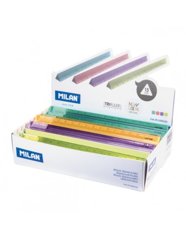 Milan New Look Expositor con 60 Reglas Triangulares de 15cm - Plastico Rigido - Transparente - Colores Surtidos