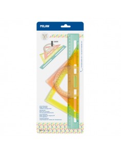 Milan New Look Pack de Reglas de Trazado - Plastico Rigido - Transparente - Centimetros y Pulgadas - Colores Surtidos