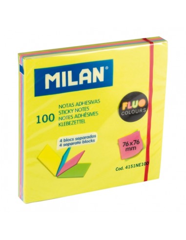 Milan Fluo Pack de 100 Notas Adhesivas - Colores Neon - 76x76mm - Colores Surtidos
