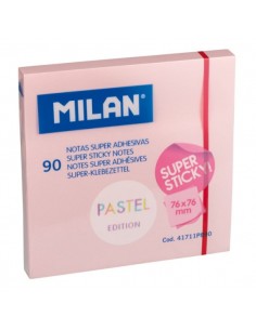 Milan Bloc de 90 Notas Super Adhesivas - Removibles - Mayor Permanencia - 76mm x 76mm - Color Rosa Pastel