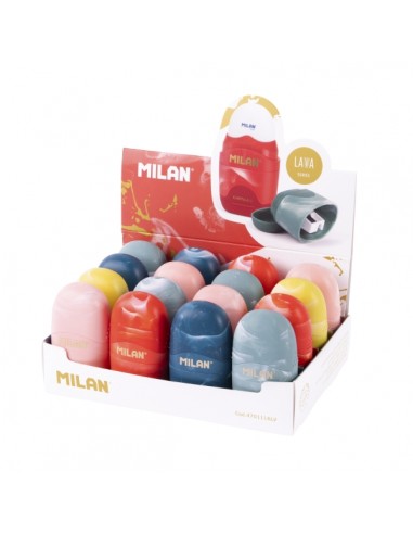 Milan Capsule Lava Expositor con 16 Afilaborras - Goma Miga de Pan - Deposito Integrado - Cuchilla de Acero de Seguridad -