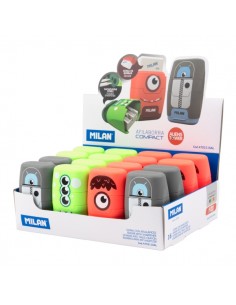 Milan Compact Aliens Expositor con 16 Afilaborras - Goma Miga de Pan - Regular y Maxi - Deposito Integrado - Cuchilla de