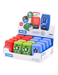 Milan Compact Vikings Expositor con 16 Afilaborras - Goma Miga de Pan - Regular y Maxi - Deposito Integrado - Cuchilla de