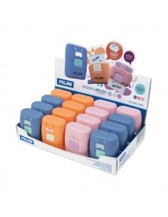 Milan Compact Fun Animals Expositor con 16 Gomas de Borrar con Cepillo - Colores Surtidos