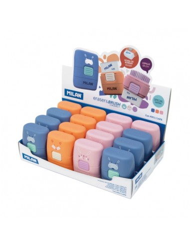 Milan Compact Fun Animals Expositor con 16 Gomas de Borrar con Cepillo - Colores Surtidos