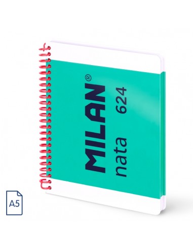 Milan Nata 624 Cuaderno A5 con Espiral - Papel a Lineas de 7mm - 80 Hojas de 95g - Tapa Dura - Color Verde
