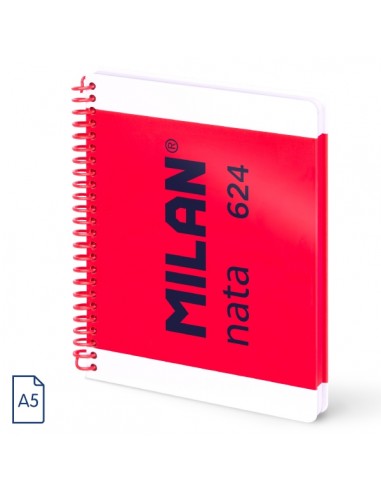 Milan Nata 624 Cuaderno A5 con Espiral - Cuadriculado - 80 Hojas de 95Gr - Tapa Dura - Color Rosa