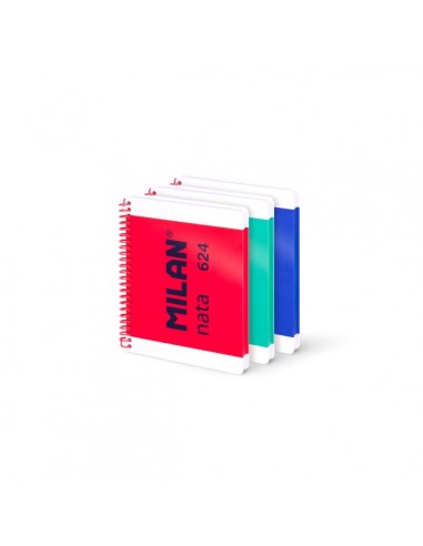Milan Nata 624 Pack 3 Cuadernos A5 con Espiral - Cuadriculado - 80 Hojas de 95Gr - Tapa Dura - Colores Surtidos