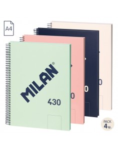 Milan 430 Since 1918 Pack de 4 Cuadernos A4 con Espiral - Hojas Blancas - 80 Hojas de 95g - Tapa Dura - Colores Surtidos