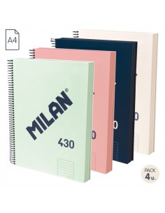 Milan 430 Since 1918 Pack de 4 Cuadernos A4 con Espiral - Papel a Lineas de 7mm - 120 Hojas de 95g - Tapa Dura - Colores