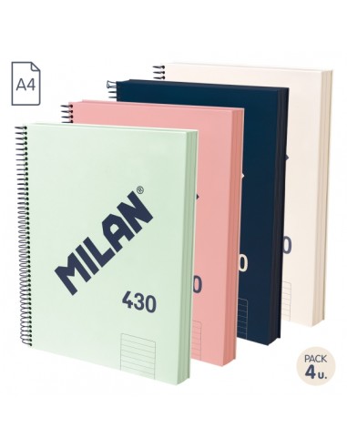 Milan 430 Since 1918 Pack de 4 Cuadernos A4 con Espiral - Papel a Lineas de 7mm - 120 Hojas de 95g - Tapa Dura - Colores