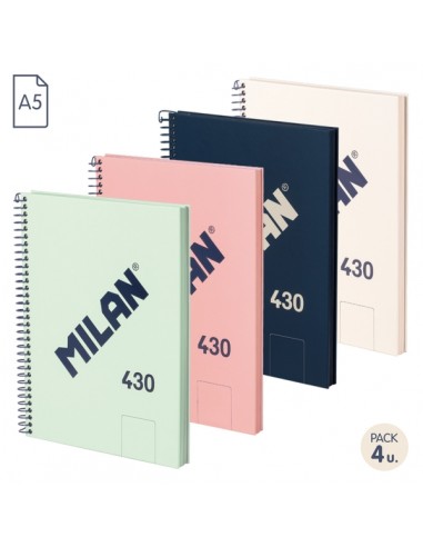Milan 430 Since 1918 Pack de 4 Cuadernos A5 con Espiral - Hojas Blancas - 80 Hojas de 95g - Tapa Dura - Colores Surtidos