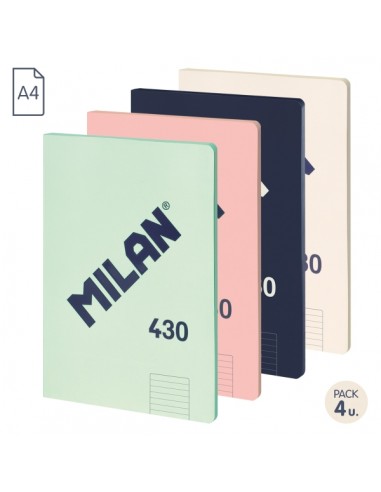 Milan 430 Since 1918 Pack de 4 Libretas A4 Encoladas - Papel a Lineas de 7mm - 48 Hojas de 95g - Colores Surtidos