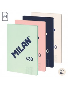 Milan 430 Since 1918 Pack de 4 Libretas A4 Encoladas - Cuadricula 5x5mm - 48 Hojas de 95g - Colores Surtidos