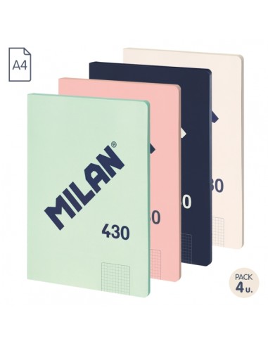 Milan 430 Since 1918 Pack de 4 Libretas A4 Encoladas - Cuadricula 5x5mm - 48 Hojas de 95g - Colores Surtidos