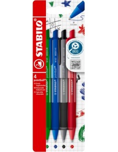 Stabilo Pointball Colorful Pack de 4 Boligrafos Retractiles - Trazo 0.5mm - Hechos con 87-Bioplastico - Grip Antideslizante