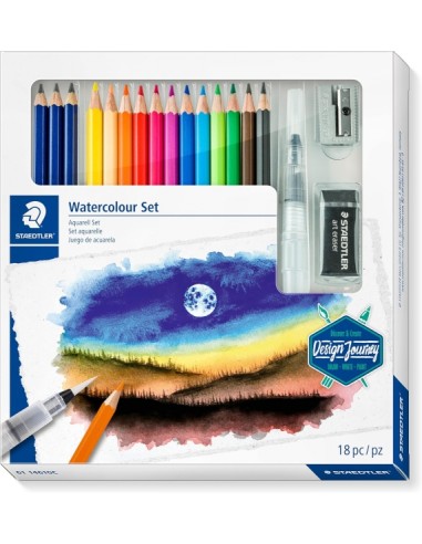 Staedtler Watercolour Set Design Journey Pack con 12 Lapices de Colores Surtidos Acuarelables-3 Lapices Mars Lumograph